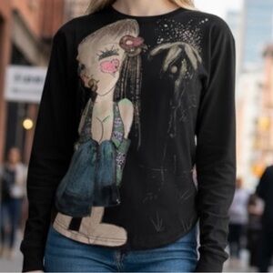 Vintage Custo Barcelona Artsy Art to Wear Island Girl Graphic Top SZ S/M Black